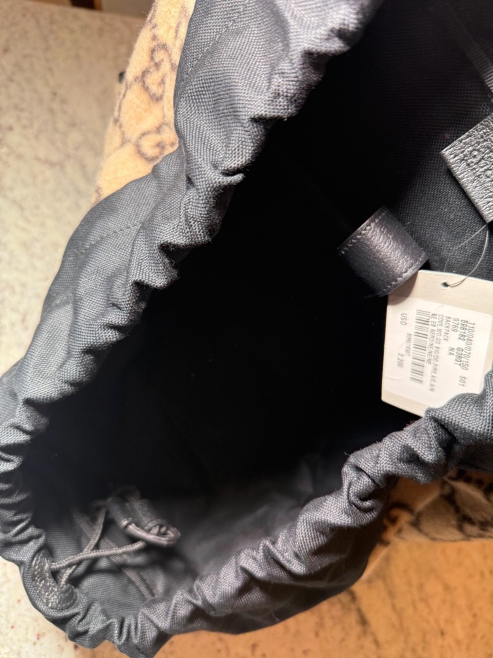 Gucci Black Leather Trim Backpack with Beige Monogram Detail - Picture 7 of 7